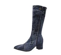 SRZYMJ Sommer Stiefeletten Damen Keilabsatz Lederstiefel Plateaustiefel Slip-On Cowboy-Stiefel Runde Hohe Stiefel Klassische Mittelrohrstiefel Overknee Stiefel Weitschaftstiefel Gummistiefel Blau 38