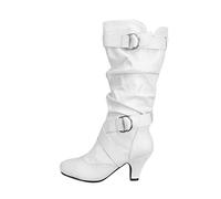 SRZYMJ Stiefeletten Damen Sommer Trichterabsatz Overknee-Stiefel Plateaustiefel Slip-On Bikerstiefel Runde Stiefel mit Perlen Frühling Mittelrohrstiefel Knlehohe Stiefel Overknees Stiefel Weiss 37