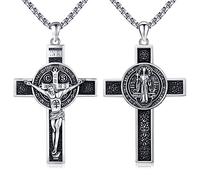 St Benedikt Kruzifix Halskette 925 Sterling Silber Sankt Benedikt Medaille Halskette Kruzifix Jesus Kreuz Anhänger Schutz Halskette Katholische Schmuck Geschenke für Männer Frauen