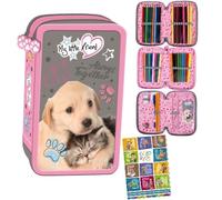 St. Majewski - Federmäppchen 3 Fächer - Mäppchen für Mädchen - Federmappe 3-Fach Federtasche Gefüllte Schüleretui Schulmäppchen und Hausaufgabenheft - Hund