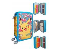 St. Majewski - Federmäppchen 3 Fächer - Mäppchen für Mädchen und Jungen - Federmappe 3-Fach Federtasche Gefüllte Schüleretui Schulmäppchen und Hausaufgabenheft - Pokemon Motiv