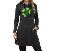 St. Patrick's Day Hoodie Kleid Damen Kleeblatt Print Kapuzenpullover Lang Hoodie-Sweatshirt Locker Langarm Oberteil Taschen Herbst Winter Mode Pullover-Kleid Kapuze Casual Motiv Mini-Kleid Soft