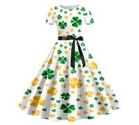 St Patricks Day Kleider Damen, Abendkleid Damen Lang Grün Kleeblatt Druck Swing A-Linie Kleid Festival Vintage Rockabilly Kleider Kurzarm Rundhals Cocktailkleid St. Patricks Day Ballkleider