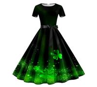 St Patricks Day Kleider Damen, Abendkleid Damen Lang Grün Kleeblatt Druck Swing A-Linie Kleid Festival Vintage Rockabilly Kleider Kurzarm Rundhals Cocktailkleid St. Patricks Day Ballkleider