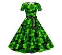 St Patricks Day Kleider Damen, Abendkleid Damen Lang Grün Kleeblatt Druck Swing A-Linie Kleid Festival Vintage Rockabilly Kleider Kurzarm Rundhals Cocktailkleid St. Patricks Day Ballkleider