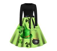 St Patricks Day Kleider Damen, Abendkleid Damen Lang Grün Kleeblatt Swing A-Linie Kleid V-Ausschnitt Langarm Cocktailkleid 50er Vintage Rockabilly Kleider Festival St. Patricks Day Ballkleider