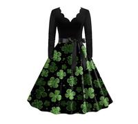 St Patricks Day Kleider Damen, Abendkleid Damen Lang Grün Kleeblatt Swing A-Linie Kleid V-Ausschnitt Langarm Cocktailkleid 50er Vintage Rockabilly Kleider Festival St. Patricks Day Ballkleider