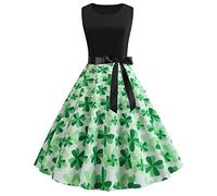 St. Patricks Day Kostüm Damen, Damen Kleid Ärmelloses Abendkleid Kleeblatt Drucken Swing A-Linie Kleider Retro Cocktailkleid Damen Elegant Hepburn-Stil Partykleid Grün St. Patricks Day Kleid