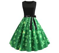 St. Patricks Day Kostüm Damen, Damen Kleid Ärmelloses Abendkleid Kleeblatt Drucken Swing A-Linie Kleider Retro Cocktailkleid Damen Elegant Hepburn-Stil Partykleid Grün St. Patricks Day Kleid