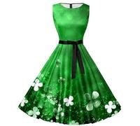 St. Patricks Day Kostüm Damen, Damen Kleid Ärmelloses Abendkleid Kleeblatt Drucken Swing A-Linie Kleider Retro Cocktailkleid Damen Elegant Hepburn-Stil Partykleid Grün St. Patricks Day Kleid