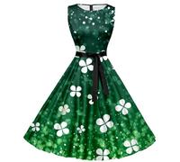 St. Patricks Day Kostüm Damen, Damen Kleid Ärmelloses Abendkleid Kleeblatt Drucken Swing A-Linie Kleider Retro Cocktailkleid Damen Elegant Hepburn-Stil Partykleid Grün St. Patricks Day Kleid