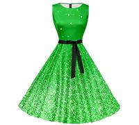 St. Patricks Day Kostüm Damen, Damen Kleid Ärmelloses Abendkleid Kleeblatt Drucken Swing A-Linie Kleider Retro Cocktailkleid Damen Elegant Hepburn-Stil Partykleid Grün St. Patricks Day Kleid