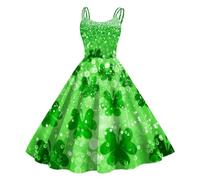St. Patricks Day Kostüm Damen, Damen Kleid Ärmelloses Abendkleid Kleeblatt Drucken Swing A-Linie Kleider Retro Cocktailkleid Damen Elegant Hepburn-Stil Partykleid Grün St. Patricks Day Kleid