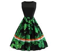 St. Patricks Day Kostüm Damen, Damen Kleid Ärmelloses Abendkleid Kleeblatt Drucken Swing A-Linie Kleider Retro Cocktailkleid Damen Elegant Hepburn-Stil Partykleid Grün St. Patricks Day Kleid