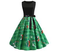 St. Patricks Day Kostüm Damen, Damen Kleider Ärmelloses Rundhals Swing Cocktailkleid Kleeblatt Drucken Partykleid mit Schleife Damen Elegant Abendkleid Retro St. Patricks Day Kleid