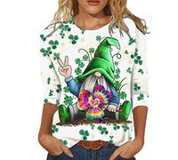 St. Patricks Day Kostüm Damen, Shirt Damen 3/4 Ärmel Rundhals Bluse Tops Kleeblatt Druck Sweatshirt Casual Locker Hemd mit Gnom Tier Muster St. Patrick's Day Tee Shirts Oberteile