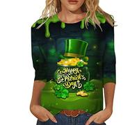 St. Patricks Day Kostüm Damen, Shirt Damen 3/4 Ärmel Rundhals Bluse Tops Kleeblatt Druck Sweatshirt Casual Locker Hemd mit Gnom Tier Muster St. Patrick's Day Tee Shirts Oberteile