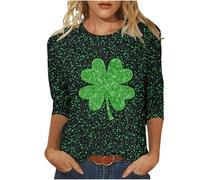 St. Patrick's Day T-Shirt Damen Irischen Kleeblatt Muster T Shirt 3/4 Arm Glitzer Oberteile Irland Festliche Tee Shirt Casual Baumwolle Shirt Loose Fit Glückskleeblatt Damenbluse Shirt