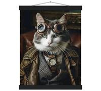 St Tropez Art Schulposter Männlicher Manx-Kater, Steampunk-Stil, bronzefarbenes Taschenuhr-Motiv, bronzefarbene Brille | St Tropez Art