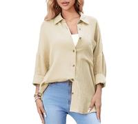 Stamain Bluse Baumwolle Damen Lässiges Musselin Hemd Langarm Cream V Ausschnitt Einfarbig Longbluse Oberteil für Frauen Lose Große Größen Hemdbluse für Leggings XL