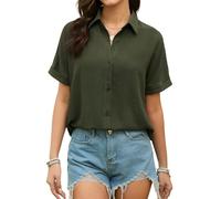 Stamain Bluse Damen Kurzarm Musselin Hemdbluse Damen Sommer Lässig Bluse Oliv Grün Hemd Elegante V-Ausschnitt Musselin mit Knöpfen 2XL