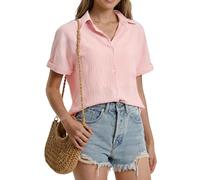 Stamain Bluse Damen Kurzarm Musselin Hemdbluse Damen Sommer Lässig Blusen Hellrosa Elegante V-Ausschnitt Kurzarmbluse mit Knöpfen_2XL