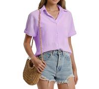 Stamain Bluse Damen Kurzarm Musselin Hemdbluse Damen Sommer Lässig Blusen Lila Elegante V-Ausschnitt Kurzarmbluse mit Knöpfen_2XL