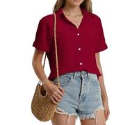 Stamain Bluse Damen Kurzarm Musselin Hemdbluse Damen Sommer Lässig Blusen Rot Elegante V-Ausschnitt Kurzarmbluse mit Knöpfen_XL