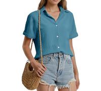 Stamain Bluse Damen Kurzarm Musselin Hemdbluse Damen Sommer Lässig Blusen Smaragdgrün Elegante V-Ausschnitt Kurzarmbluse mit Knöpfen_XL