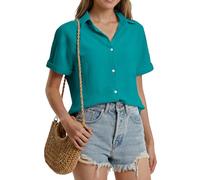 Stamain Bluse Damen Kurzarm Musselin Hemdbluse Damen Sommer Lässig Blusen Smaragdgrün Elegante V-Ausschnitt Kurzarmbluse mit Knöpfen_2XL