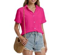 Stamain Bluse Damen Kurzarm Musselin Hemdbluse Damen Sommer Lässig Blusen Tiefrosa Elegante V-Ausschnitt Kurzarmbluse mit Knöpfen_XL