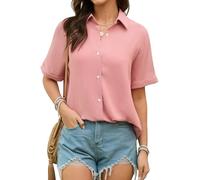 Stamain Bluse Damen Musselin Hemdbluse Damen Kurzarm Lässig V-Ausschnitt Bluse Musselin Elegant Rosa Sommerblusen mit Knöpfen XL