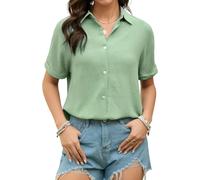 Stamain Hemdbluse Damen Kurzarm Sommer Musselin Bluse Damen Lässig Grün Blusen Elegante V-Ausschnitt Kurzarmbluse mit Knöpfen XL