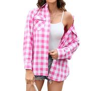 Stamain Rosa Kariertes Hemd Damen Bluse Langarm Trachtenbluse Oktoberfest Holzfällerhemd Karohemd Damen Baumwolle Longbluse Oberteile Tops Arbeitshemd Büro Regular Fit L