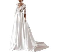 Standesamtliche Satin Strand A-Linie Spitzen Brautmode mit Schleppe, WZEFEIO, Weiß, 58