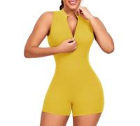 STARBILD Damen Sport Jumpsuit Kurz, Ärmelloser Yoga Overall mit Scrunch Butt & Po-Lifting Effekt, Rückenfreier Bodycon Einteiler mit Reißverschluss & herausnehmbaren Polstern, Gelb - Energiegeladen L