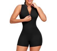 STARBILD Damen Sport Jumpsuit Kurz, Ärmelloser Yoga Overall mit Scrunch Butt & Po-Lifting Effekt, Rückenfreier Bodycon Einteiler mit Reißverschluss & herausnehmbaren Polstern, Schwarz - Zeitlos L