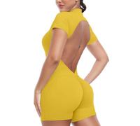STARBILD Damen Sport Jumpsuit Kurz mit Front Reißverschluss & Push Up | Kurzarm Fitness Einteiler Rückenfreie V-Ausschnitt, für Workout Yoga Gym Laufen, Kurzarm - Gelb M