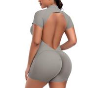 STARBILD Damen Sport Jumpsuit Kurz mit Front Reißverschluss & Push Up | Kurzarm Fitness Einteiler Rückenfreie V-Ausschnitt, für Workout Yoga Gym Laufen, Kurzarm - Grau M