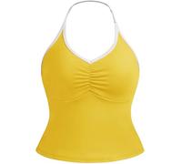 STARBILD Damen Tank Top Lange Sport Ärmellose, Yoga Camisole Tops Rückenfrei, Neckholder Oberteil mit Herausnehmbare BH-Polster und Verstellbarem Riemen für Workout Gym Casual, Gelb S