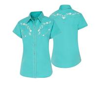 STARS & STRIPES Westernbluse Avery - Blau mit Stickerei & Kordelpaspelierung | Kurzarm Western-Look