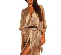 StarTreene Damen Cardigan Sommer Strandkleid Bikini Cover Up Transparent Oversized Strandponcho Bademode Gold OneSize