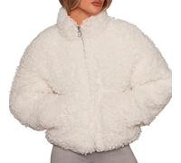 StarTreene Damen flauschiger Kunstfell-Teddymantel mit langen Ärmeln, Reißverschluss, warmer Wintermantel mit Taschen
