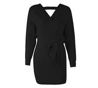 StarTreene Damen Kleider Elegant Pulloverkleid Strickkleid V-Ausschnitt Langarm Tunika Kleid Minikleid Bodycon Kleid mit Gürtel EU34 schwarz