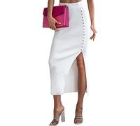 StarTreene Damen Strickrock Seite Split Button Midi Röcke Einfarbig Hohe Taille Bodycon Maxi Röcke, weiß, 48
