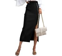 StarTreene Damen Strickrock Seite Split Button Midi Röcke Einfarbig Hohe Taille Bodycon Maxi Röcke, Schwarz , 44