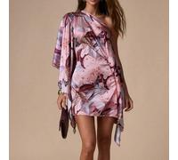 Staubiges Rosa Blumen Satin Ein-Schulter-Kleid Fledermausärmel geraffter asymmetrischer Saum Party Urlaub Brunch Mini Sommer Europäisch Tropisch