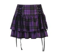 Steampunk Damen Frauen Dark Gothic Hohe Taille Doppel Schicht Plaid Mini Skater Rock(L)