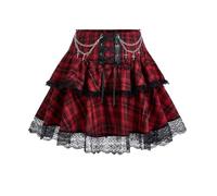Steampunk Damen Vintage Dark Gothic Punk Schwarz Rot Plaid Rock Retro Hohe Taille Spitze Flauschigen Mini(Red,XL)