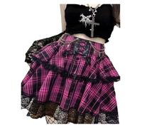 Steampunk Damen Vintage Dark Gothic Punk Schwarz Rot Plaid Rock Retro Hohe Taille Spitze Flauschigen Mini(Pink,XL)
